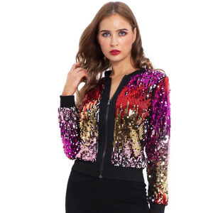 Red, Gold, Pink and Silver Sequins Crop Jacket